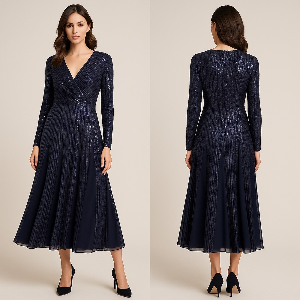 Badgley Mischka Collection Sequin Godet Midi Dress Navy Size 12